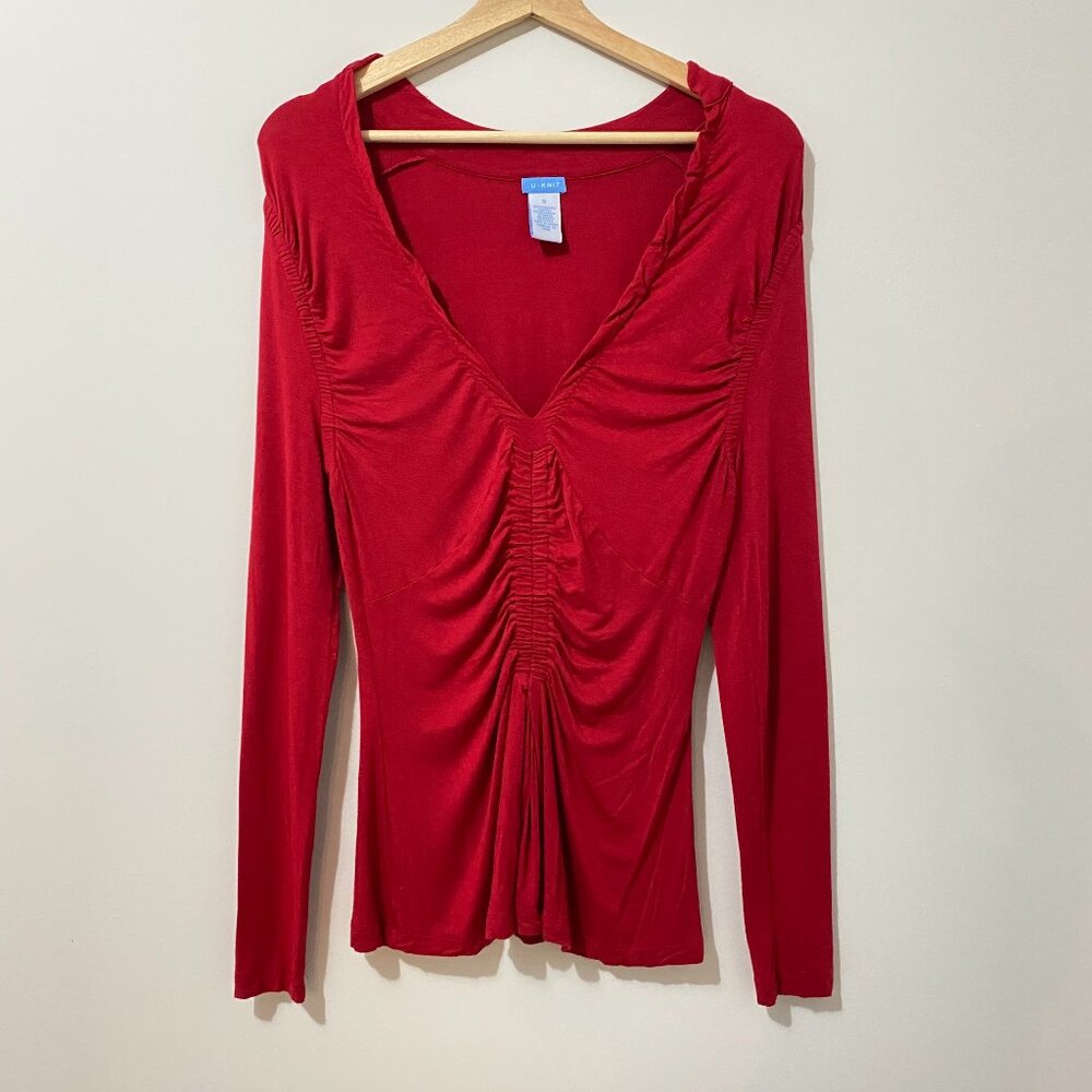Y2K Red Longsleeve T-Shirt with Plunging V-Neck, Ruching, Gathered, Stretch Euro